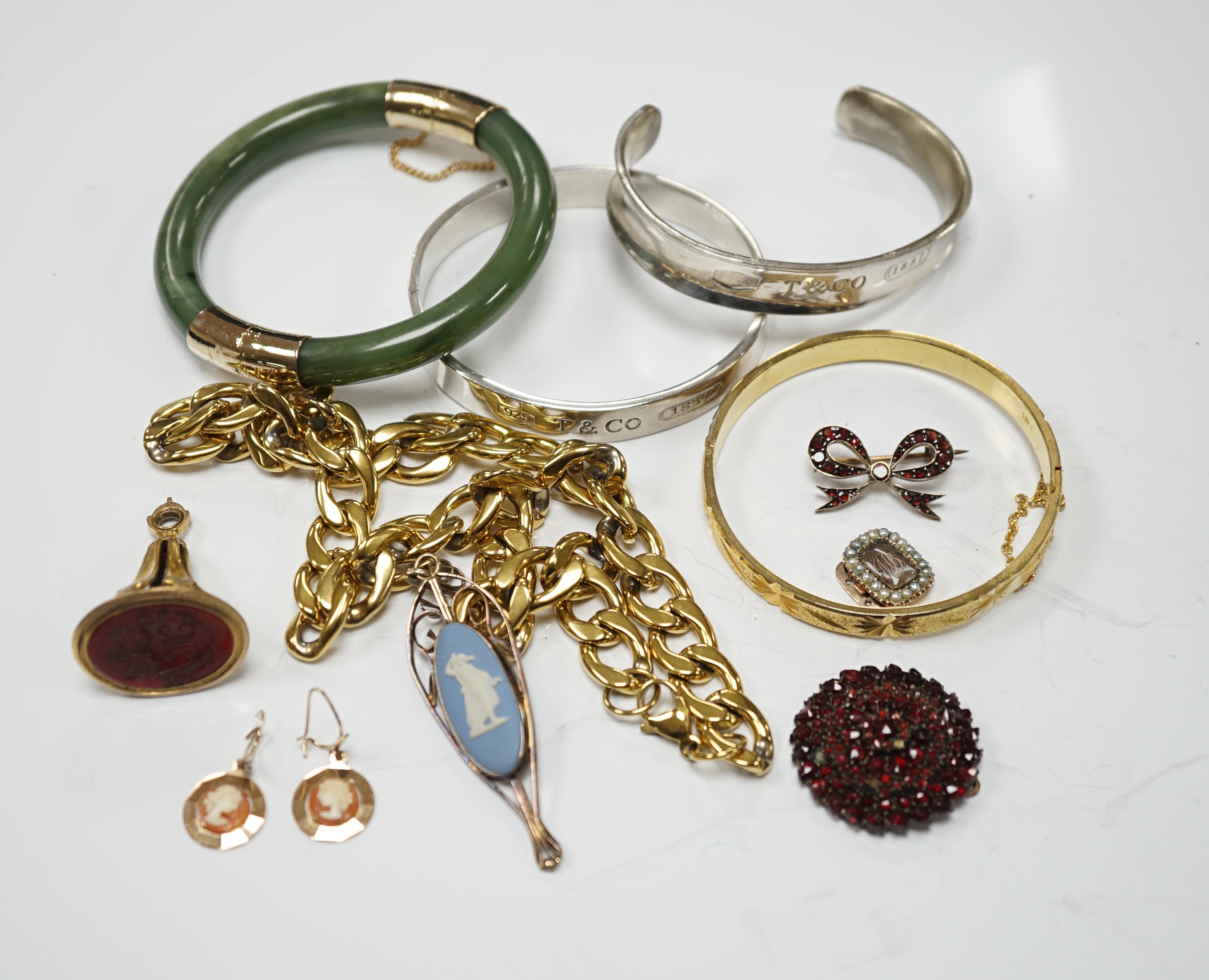 A 19th century yellow metal and seed pearl set mourning clasp, 15mm and other assorted jewellery including costume.